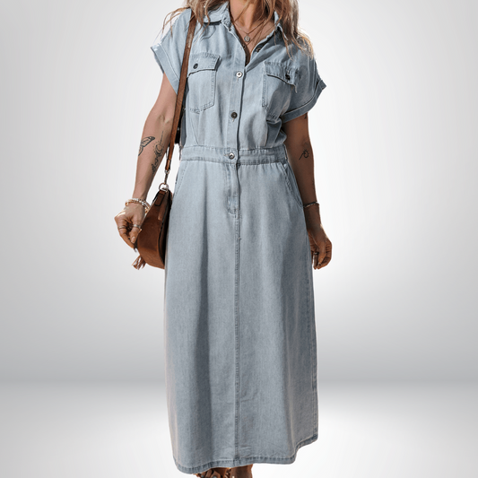 Sofia® | Elegant Denimkjole med Korte Flagermusærmer