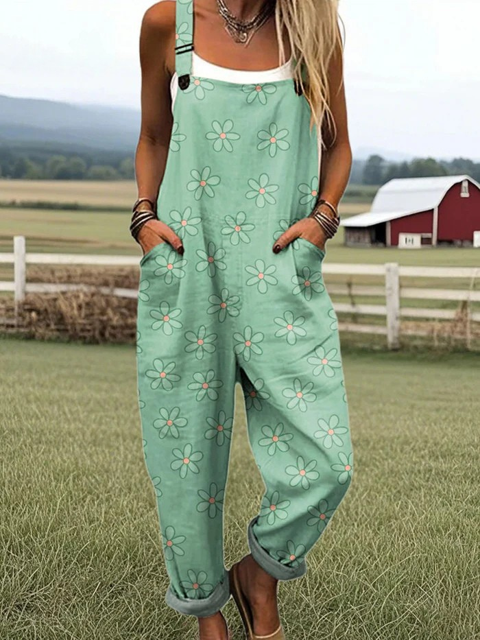 Monofloral vintage jumpsuit med vida ben – avslappnad stil och komfort hela dagen