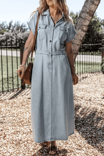 Sofia® | Elegant Denimkjole med Korte Flagermusærmer